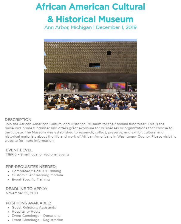fieldxperience's tweet photo. There are still positions available for the African American Cultural & Historical Museum Annual Fundraiser in Ann Arbor, MI on 12/1. The deadline is tonight for guest relations, hospitality hosts and event concierges. https://t.co/Y3IbPEUWNk
#fieldX #fieldXperience https://t.co/vpedkK7B7m