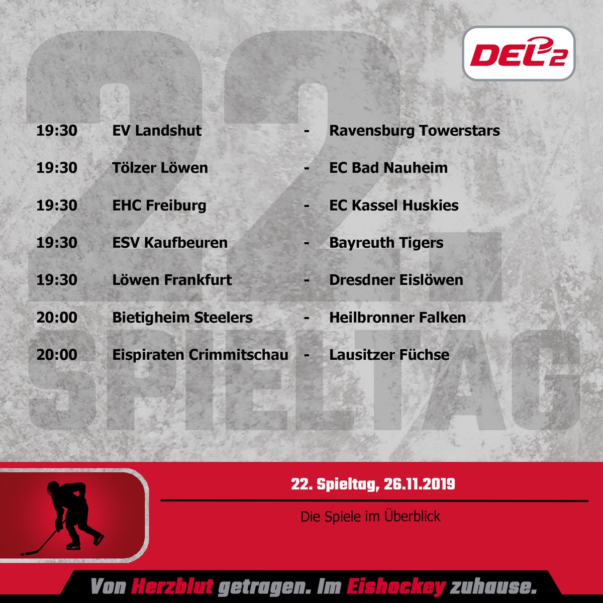 DEL2_News's tweet photo. In wenigen Stunden beginnt der 22. #Spieltag. #Live vor Ort in den DEL2-Arenen und bei @SpradeTV können die Partien verfolgt werden. #del2 #HerzblutEishockey #gamday #evlrvt #ectecn #frbeck #esvbtt #fradre #scbhnf #epclfx https://t.co/7IyMqyLDUr