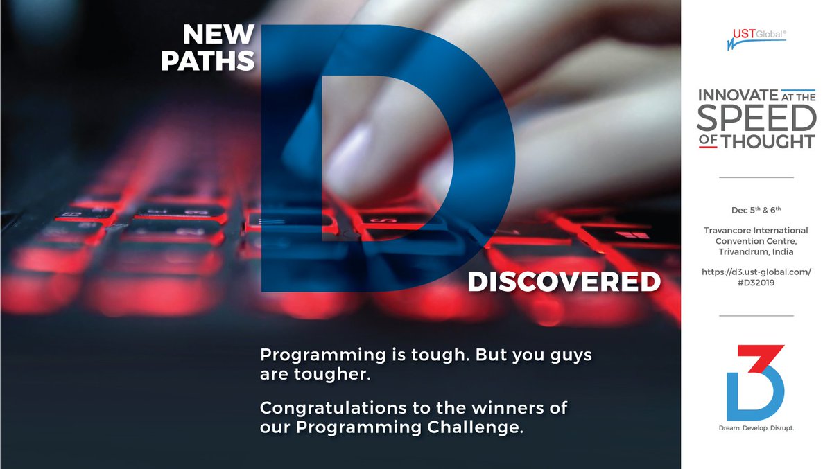 USTglobal's tweet image. Congratulations to all the winners of the Programming Challenge on breaking the code and discovering new paths at the speed of thought! 
Keep track of all the exciting and latest developments at d3.ust-global.com
#D32019 #SPEED #Quantum #5G #EdgeCompute