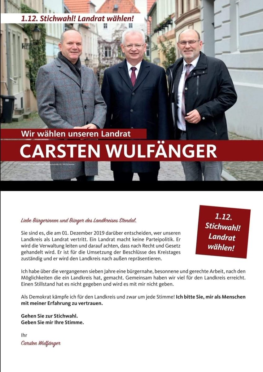 *Am 1. Dezember 2019 ist Stichwahl.*

Wir unterstützen Carsten Wulfänger, unseren Landrat, der über die vergangenen sieben Jahren eine besonnene und bürgernahe Arbeit geleistet und sich #mitLeidenschaft für die Menschen im Landkreis #Stendal eingesetzt hat.