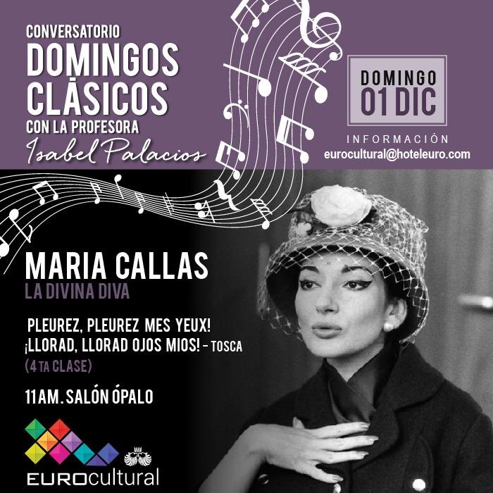 Este domingo, en el marco del conversatorio DOMINGOS CLÁSICOS que dicta la maestra Isabel Palacios, @lapalacios28, finaliza el ciclo de charlas acerca de la inolvidable "MARIA CALLAS, la Divina Diva"  la cantante de ópera más prominente del siglo XX.  Info: ☎ 0212.227.90.20 .