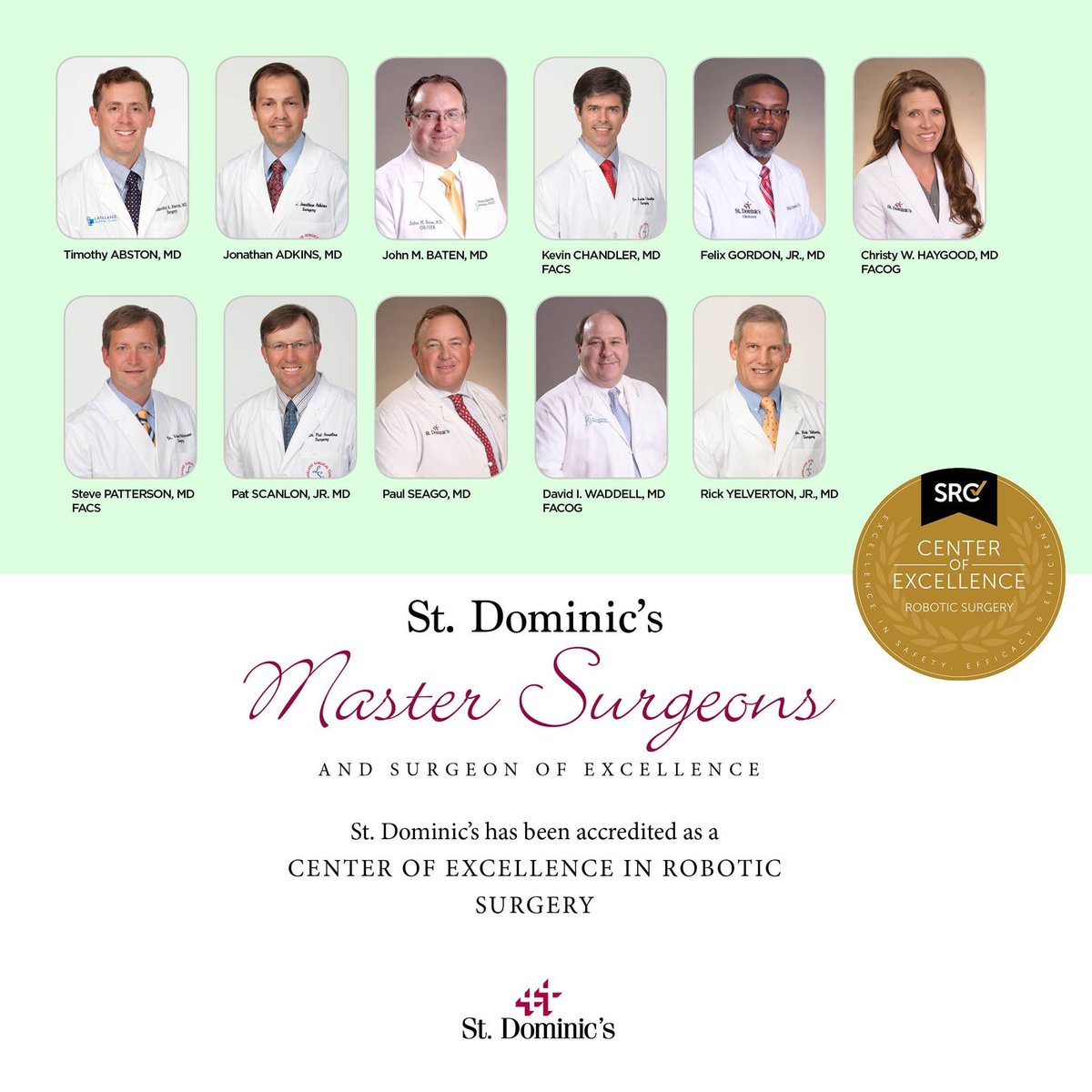 Congratulations , St. Dominic Hospital!

St. Dominic's has been accredited as a Center of Excellence in Robotic Surgery. #SkilledHands #CompassionateHearts bit.ly/2X8eFwq