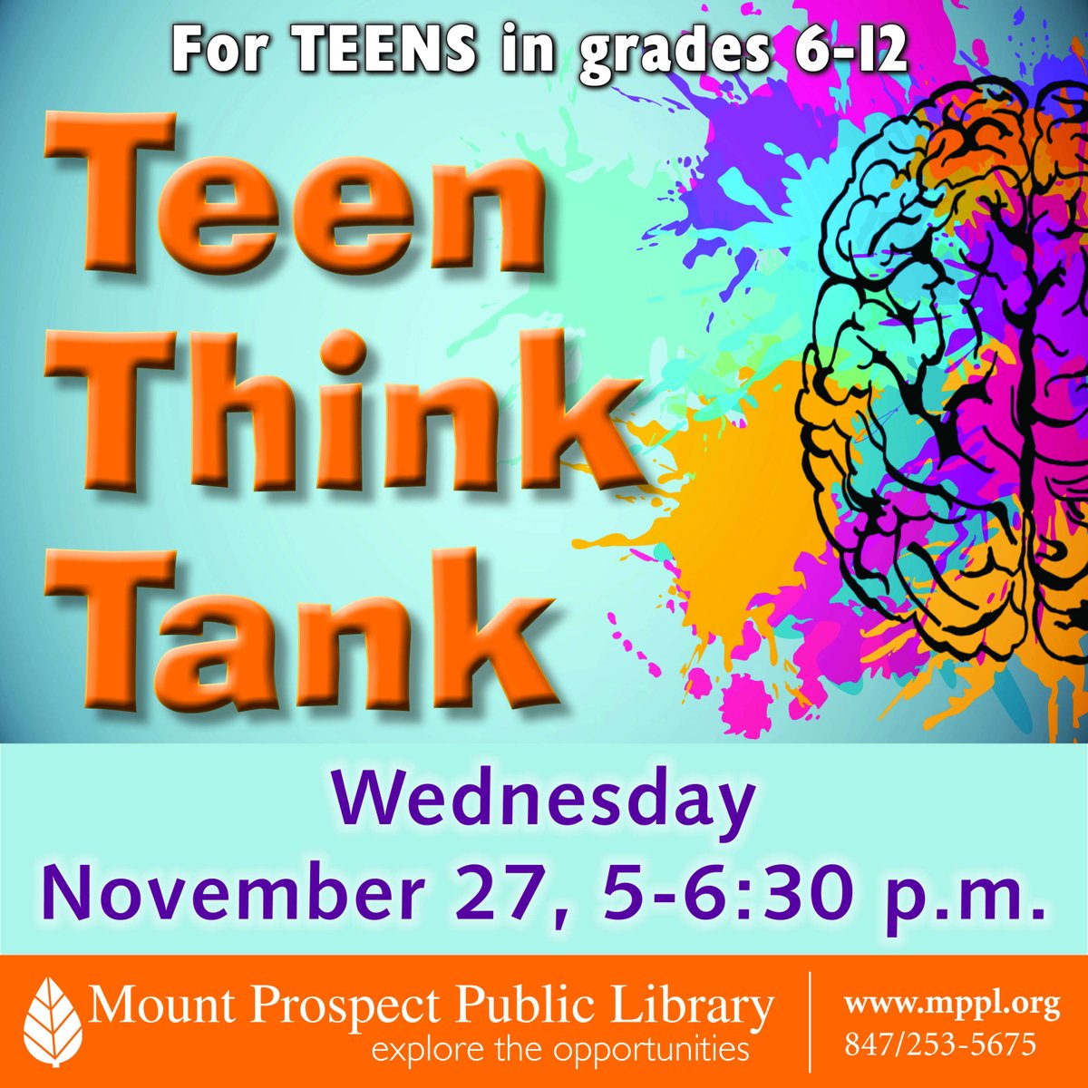 MPPLib's tweet photo. Teens! Join us Wed., Nov. 27 at 5 p.m. to brainstorm Library programs that interest you! Add your voice to recommend books, movies, video games, and more at our monthly meetings. #ExploreMPPL #LibraryFun #MountProspect #KnightsofPHS #HerseyHuskies #D214 #D59 https://t.co/fA5FLhdE1H