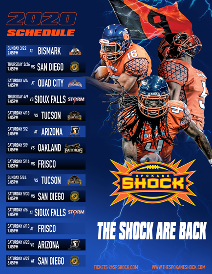 SpokaneShock's tweet photo. The wait is finally over! The Spokane Shock’s highly anticipated 2020 schedule has been released. Grab your seats today Shock fans!! https://t.co/q5UifO3nuE