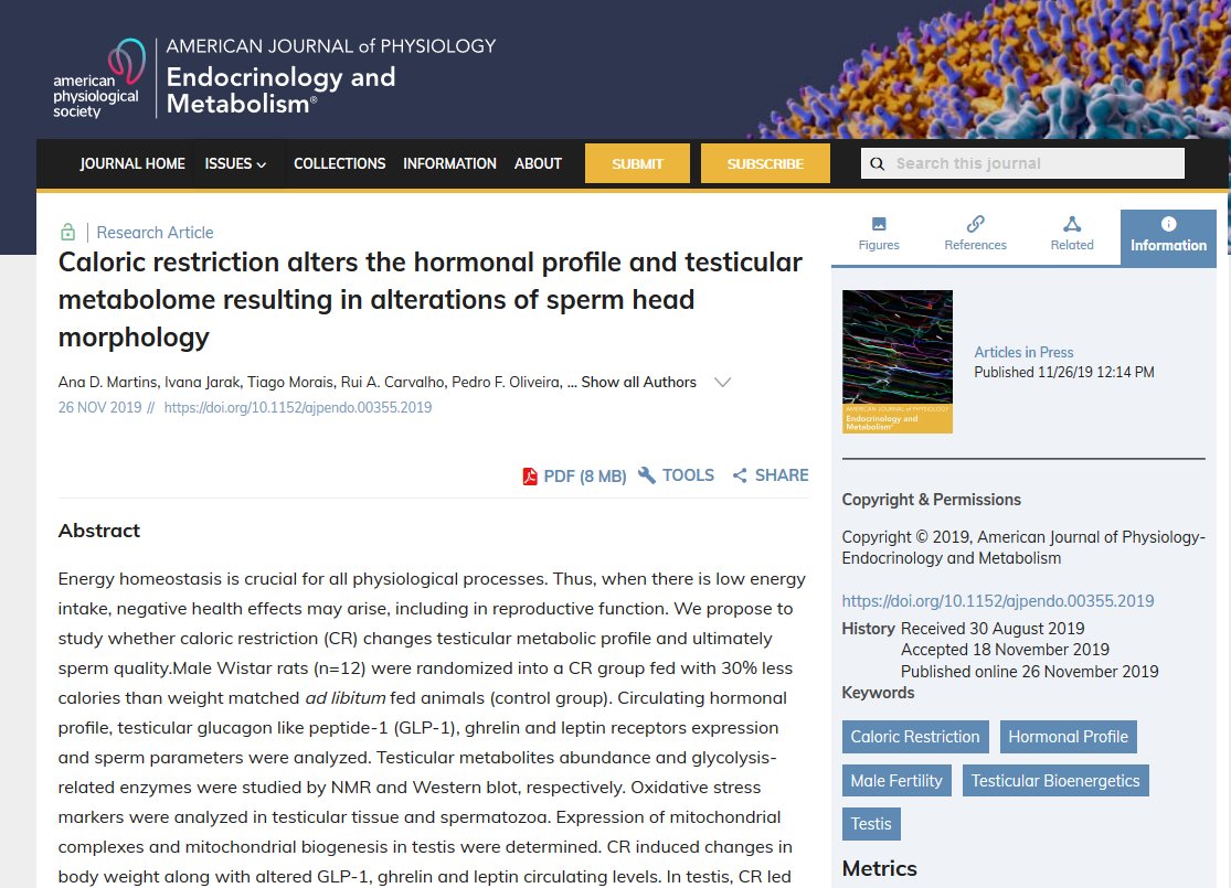 AJPEndoMetab's tweet photo. Caloric restriction affects testicular metabolism; NEW research; for details, click here: https://t.co/kutxQoyRMG #caloricrestriction #hormonalprofile #malefertility #testis #testicularbioenergetics https://t.co/ecbu4b9ftu