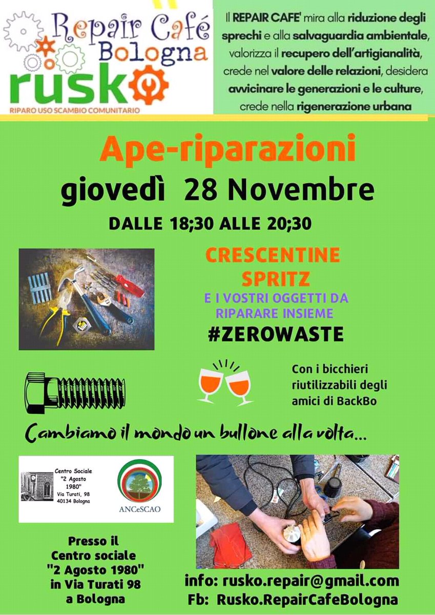 Tutti pronti per #Aperiparazioni, il nostro #repaircafe accompagnato da #spritz e #crescentine? Perché #riparare è meglio che buttare!