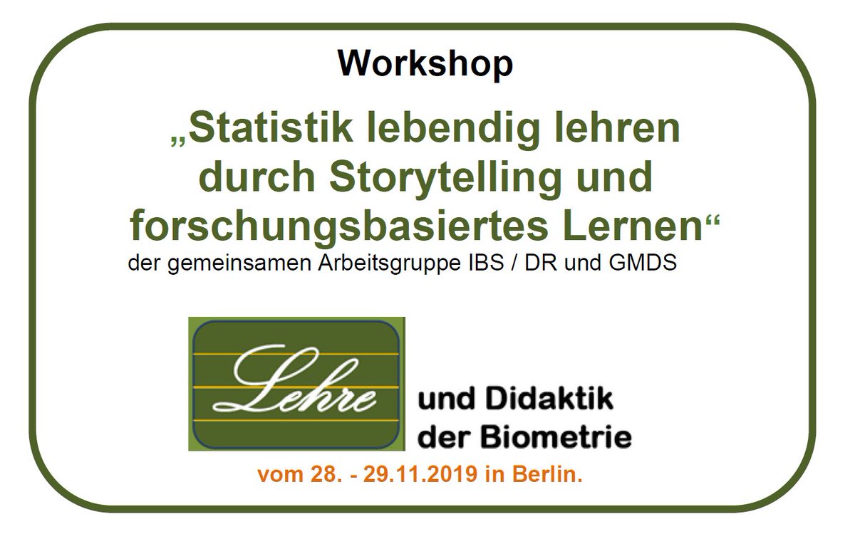 ag_epi_meth's tweet photo. #statstwitter #StatsMethods @GMDS_CENIBS2020
@iBiKE_Charite @epiteaching @EpiLehre

28+29.11.19 Workshop #TeachingStatistics vividly thru storytelling &amp; #ResearchBasedLearning by #AGLehreUndDidaktik @gmdsEV&amp; #IBS_DR @IBSstats
@ChariteBerlin program &amp; venue
https://t.co/CyxdJj2EAC https://t.co/L94JO8fYlk