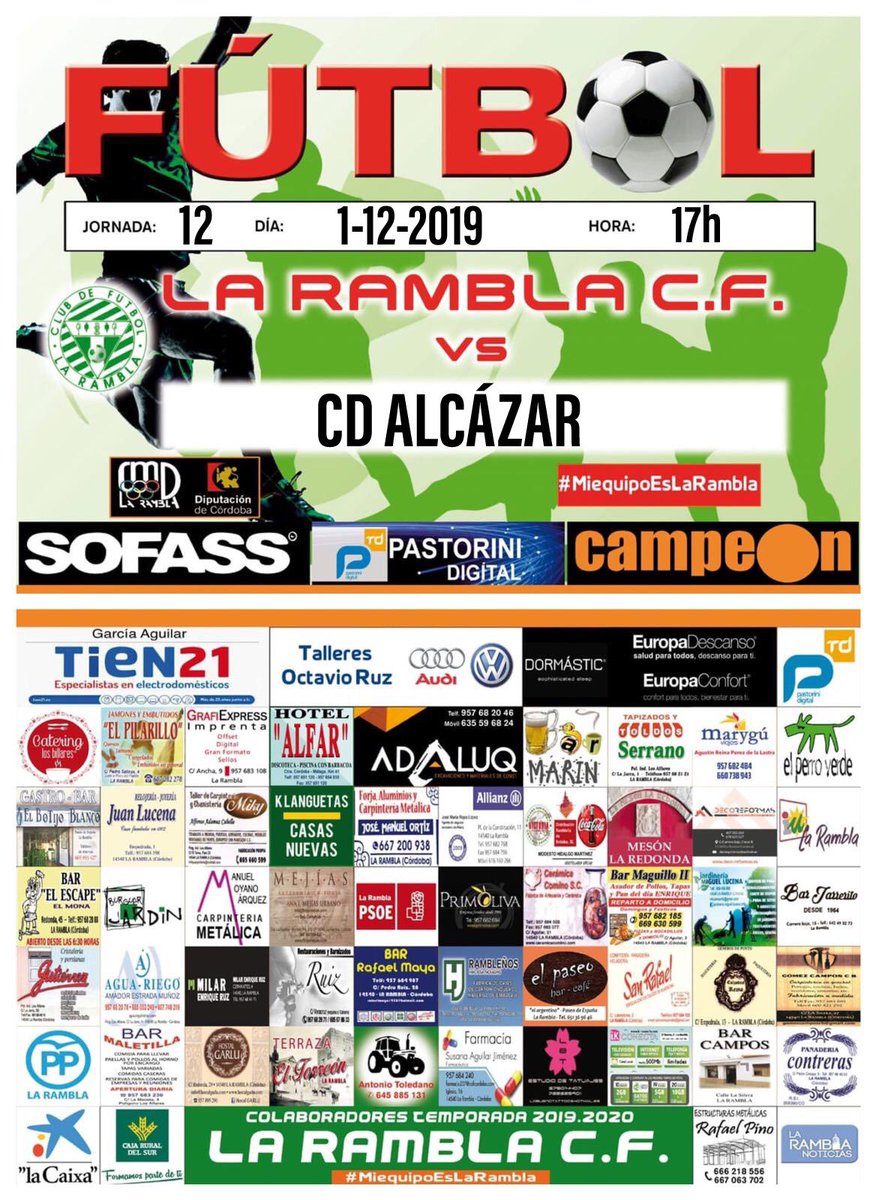 El domingo 1 de diciembre jugamos a las 17h en el Municipal Alfonso Cabello. El rival de la jornada 12 será C.D. Alcázar. 

Y nuestros Infantiles jugarán en la mañana del domingo a partir de las 12h frente Atco Aguilanrense 

#MiEquiposEsLaRamblaCF💚⚪️