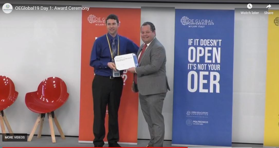 Bill Jones @Polyradeo, receiving the OER Curation Award for Excellence on behalf of SUNY Geneseo at the Open Education Awards for Excellence Ceremony in Milan, Italy.
#geneseo #MilneLibrary #oeglobal19
