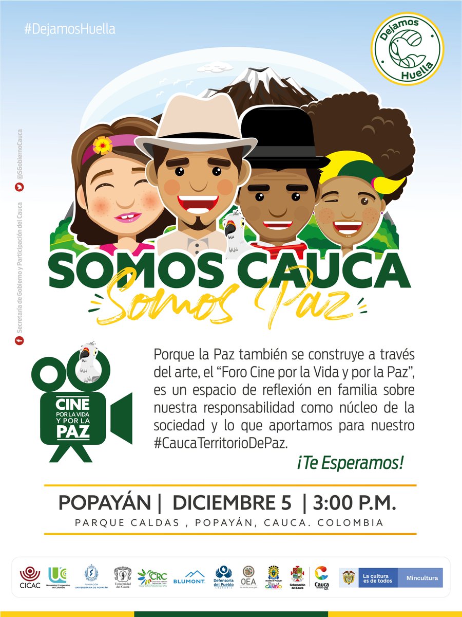 #SomosCaucaSomosPaz este 5 de diciembre la Gobernación del Cauca los invita a que hablemos y reflexionemos sobre paz a través del Cine Foro por la Vida y por la Paz. Espacio para compartir con toda la familia y ser parte de la construcción de este #CaucaTerritorioDePaz