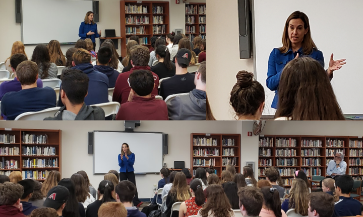 smaher's tweet photo. Representative Mikie Sherrill speaks with Mr. Meguerian's AP Gov Pol students and answers their questions about Congress #SDOCedchat #weareSDOC https://t.co/PGuvrdct3O