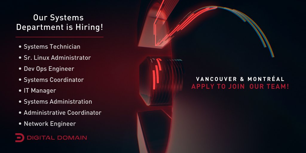 DigitalDomainDD's tweet photo. New jobs alert! Are you in systems and interested in joining the #VFX industry? Our Systems Department is hiring in Vancouver and MontrΓ©al! Email tandrade@d2.com to apply! #systemsjobs #hiring https://t.co/TjjqOFeS69