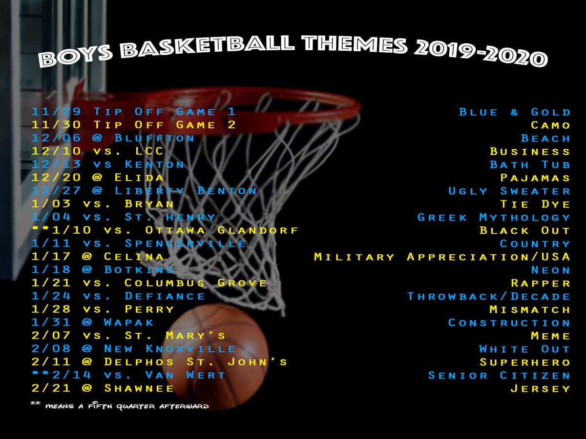 BathHS_PawPrint's tweet photo. 🚨 ATTN WILDCAT BASKETBALL FANS 🚨Here’s the finalized list of themes for this season! To start off, wear your Blue &amp; Gold and support the boys in their first Tip Off game @ Elida this Friday!! Also don’t forget to check when 5th quarters are!! #wildcatnation 💛💙🐾🏀 https://t.co/HsScly2b4W