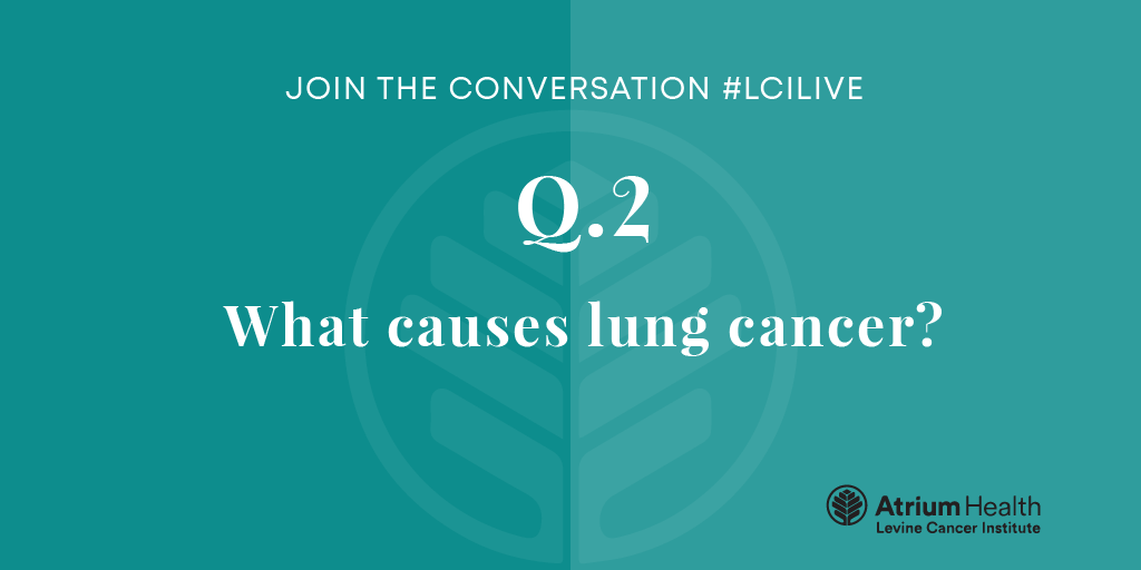 LevineCancer's tweet photo. Time for the 2nd question of today's #lungcancer twitter chat. Respond with your thoughts- what causes lung cancer? Use hashtag #LCILive or chime in on this thread. @EdKimMDLCI will respond with correct answers in 5 minutes. https://t.co/NFrvEovUiw