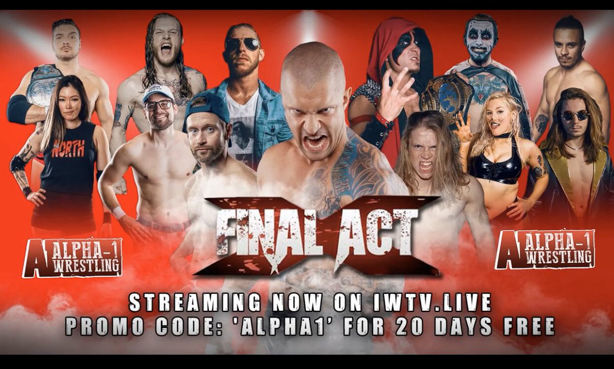 A1Wrestling's tweet photo. GO. WATCH. NOW.
#FinalActX
Streaming on @indiewrestling
Use promo code ALPHA1 on https://t.co/18LNFcLOIu & get 20 days free!
Ft. @orangecassidy @realKILLERkross @JPWarHorse @JadeChung11 @meowdyxyall @GregoryIron @kobedurst @Kody1Lane @DanhausenAD @ThanksDanTheDad & more! https://t.co/nv7V5v8dEc