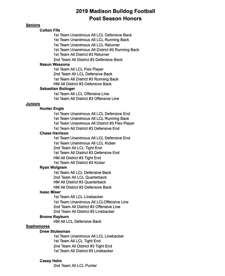 madisonbulldogs's tweet photo. Madison Bulldog Football represented well in the Lyon County League and 8man D1 District #3. More honors to come. #FearandRespect #Bulldogpride #BulldogNation https://t.co/65hCbLQ1R2