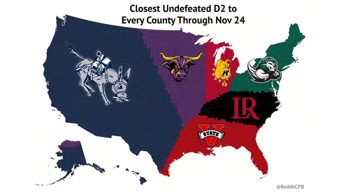 RedditCFB's tweet photo. The closest undefeated #D2FB team to each county in the United States: #UndefeatedMap (11/24) https://t.co/iq8rERs3qw