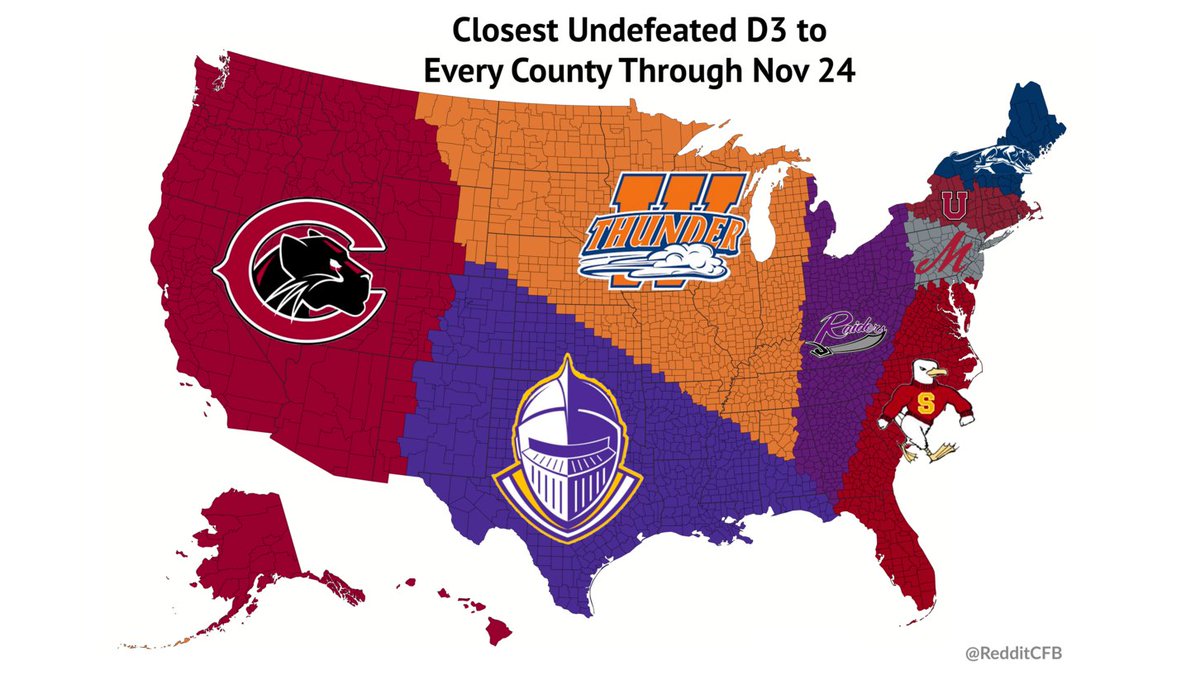 RedditCFB's tweet photo. The closest undefeated #D3FB team to each county in the United States: #UndefeatedMap (11/24) https://t.co/BP1o2XfV5D