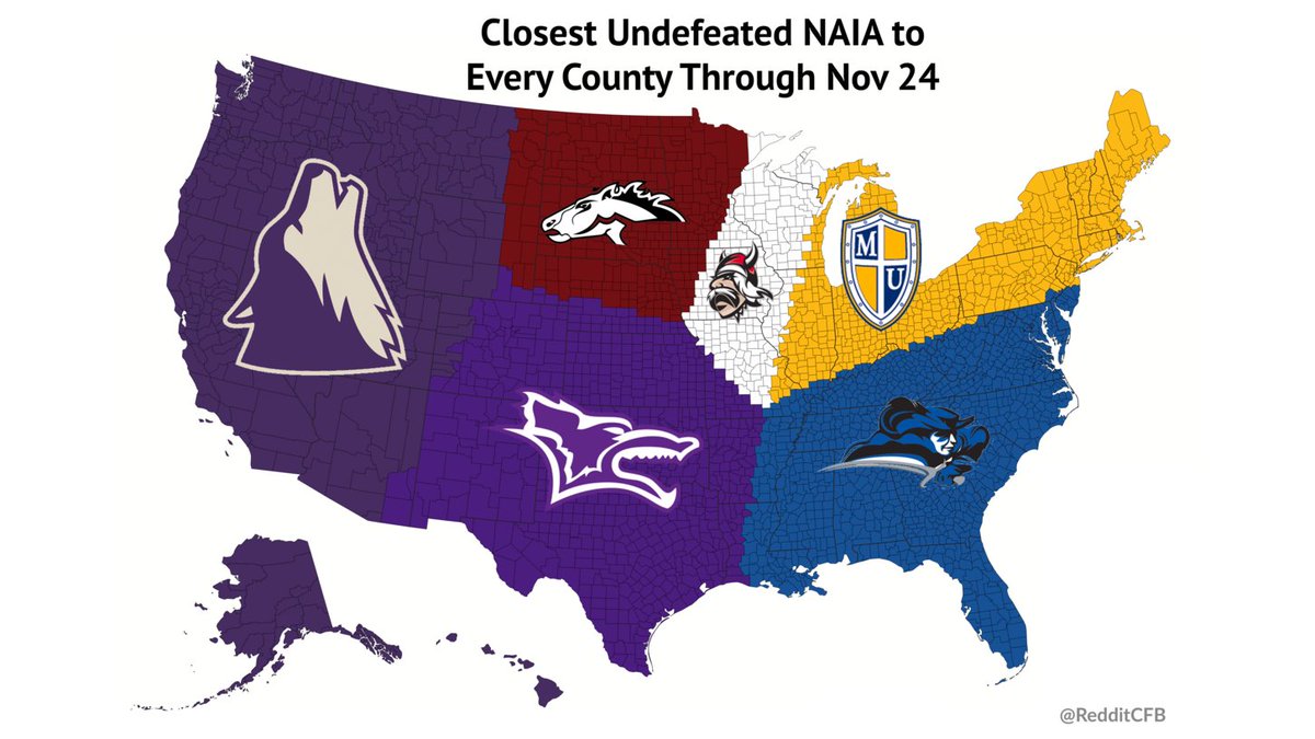 RedditCFB's tweet photo. The closest undefeated #NAIAFootball team to each county in the United States: #UndefeatedMap (11/24) https://t.co/pjvfJTzMOS