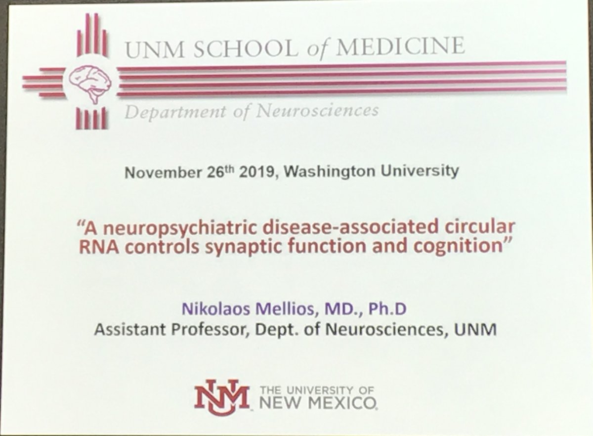 Neuro_Genomics's tweet image. We are pleased to host Dr. Nikolaos Mellios from @UNMHSC @UNM for a special Seminar of the @HopeHappens4ND Neurogenetics &amp;amp; Transcriptomics group. Dr. Mellios&apos;s talk is titled &quot;A neuropsychiatric disease-associated #circRNA controls #synaptic function and cognition&quot; #noncodingRNA