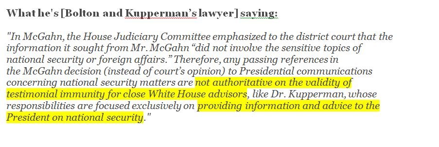 Below: Bolton's lawyer claiming that the court's ruling in McGahn's case does not apply to officials who advise on national security.Also below: THREE TIMES the court said the ruling applies to officials who advise on national security. #BoltonMustTestify