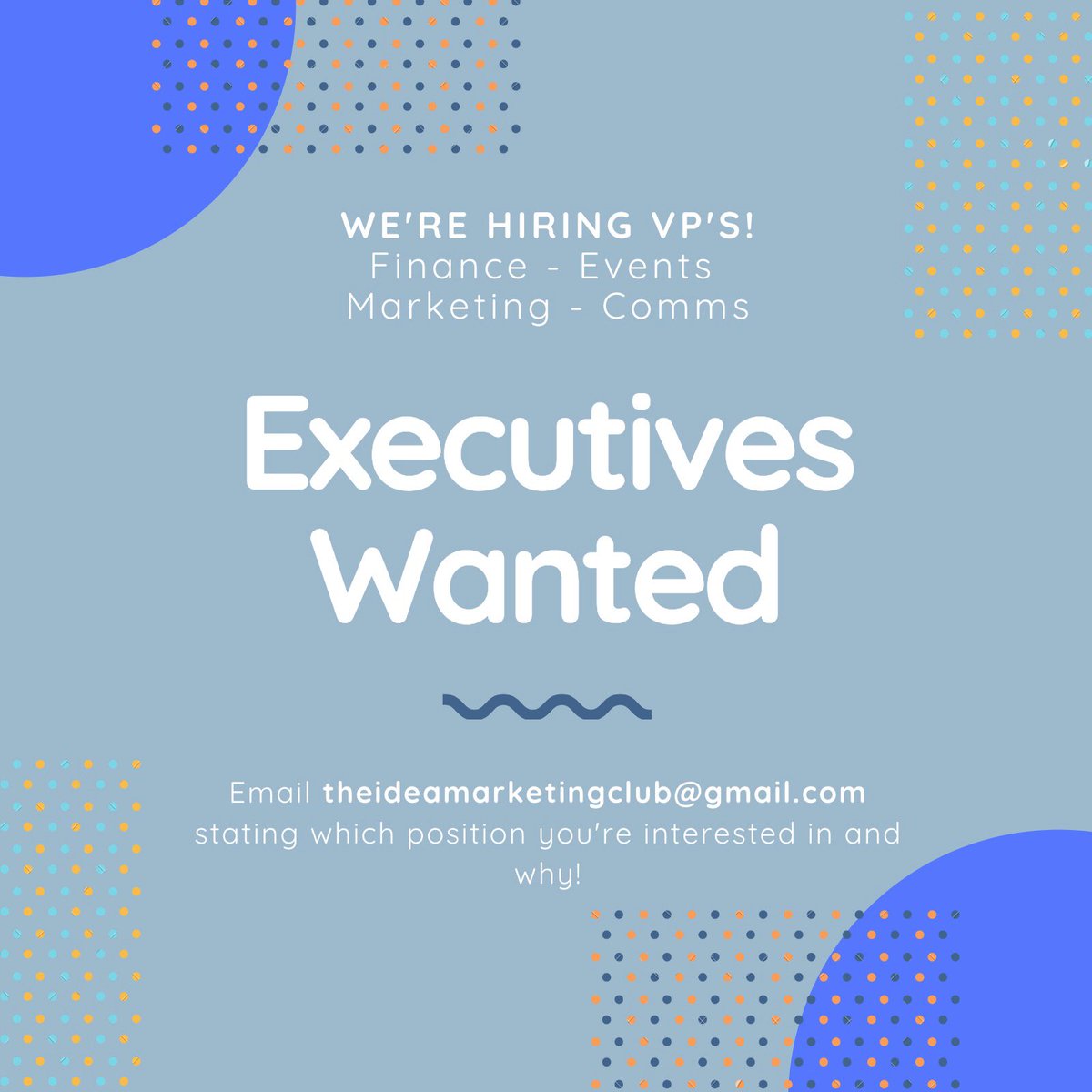 We are looking for new executive members! VP Finance, Events, Marketing, and Communications are available for the Winter 2020 semester 🎉 Send an email to theideamarketingclub@gmail to tell us which position you’re interested in and why to apply!