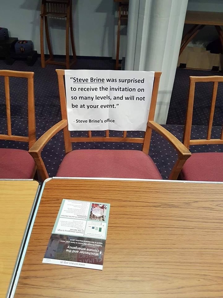That’s the empty chair for @SteveBrineMP at the #Winchester climate change hustings yesterday