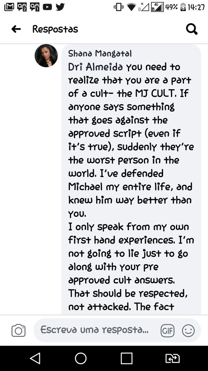 DriMJ2918's tweet photo. #MJFam I went to Shana Mangatal FB and said she is fake! I've mentioned of what she said about the TRAIN STATION.... Check it out her response... I can't believe it!! 😡 https://t.co/a19efuAgJQ