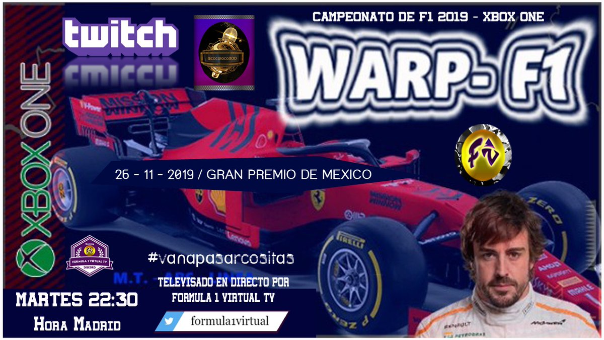 Hoy martes a las 22.30 horas primera carrera del campeonato WARP-UP.
Televisado en directo en twitch en formula1virtual.no se la pierdan.