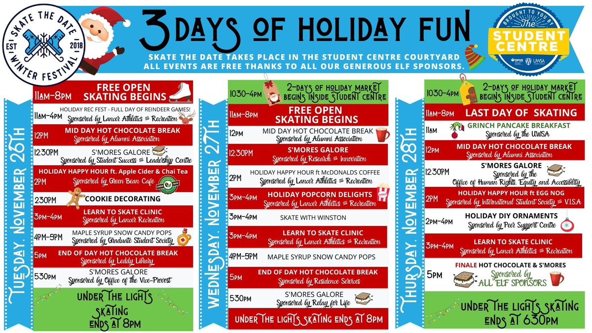 UWindsorRes's tweet photo. Here it is everyone! Our 3-day Skate the Date Winter Festival begins today!
Thank you to ALL our generous activity sponsors and Elf Sponsors for making absolutely every activity COMPLETELY FREE! https://t.co/zMkvNkoBTf