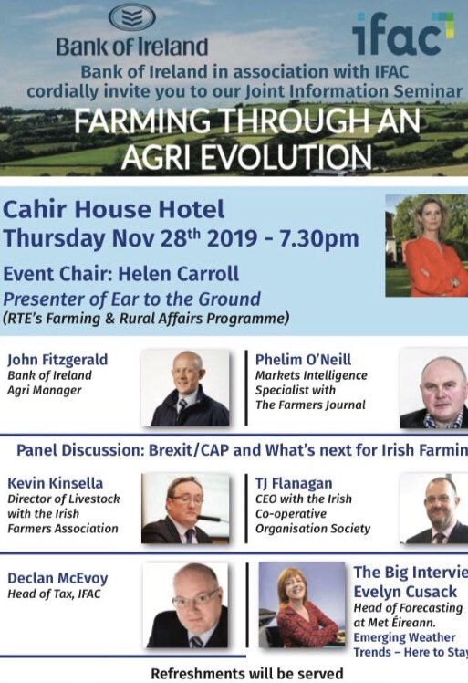 .<a href="/bankofireland/">Bank of Ireland</a> &amp; <a href="/ifac_ireland/">ifac</a> are holding a joint seminar, 'Farming Through an Agri Evolution' at Cahir House Hotel, Co. Tipperary this Thursday at 7.30pm. 

Event Chair: @MsHelenCarroll Presenter of RTE’s Ear to the Ground

Free to register here:

events.bizzabo.com/farmingthrough…