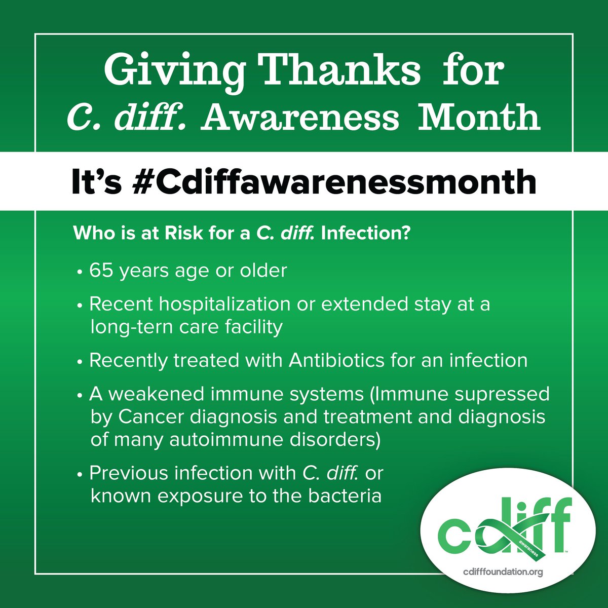 cdiffFoundation's tweet image. #cdiff Who is at a greater risk ?
#Cdifficile #CdiffPrevention
#community #Cdiffawareness is a daily event
cdifffoundation.org