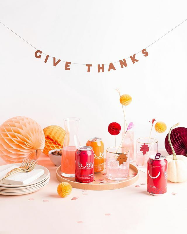 ohhappyday's tweet photo. Are you ready for Thanksgiving? We’re partnering with our favorite sparkling water @bublywater to set the Thanksgiving table. We love how they add a festive touch to our holiday décor. #crackasmile #bublypartner https://t.co/AVYlZexR42 https://t.co/mBtXmM5VUK