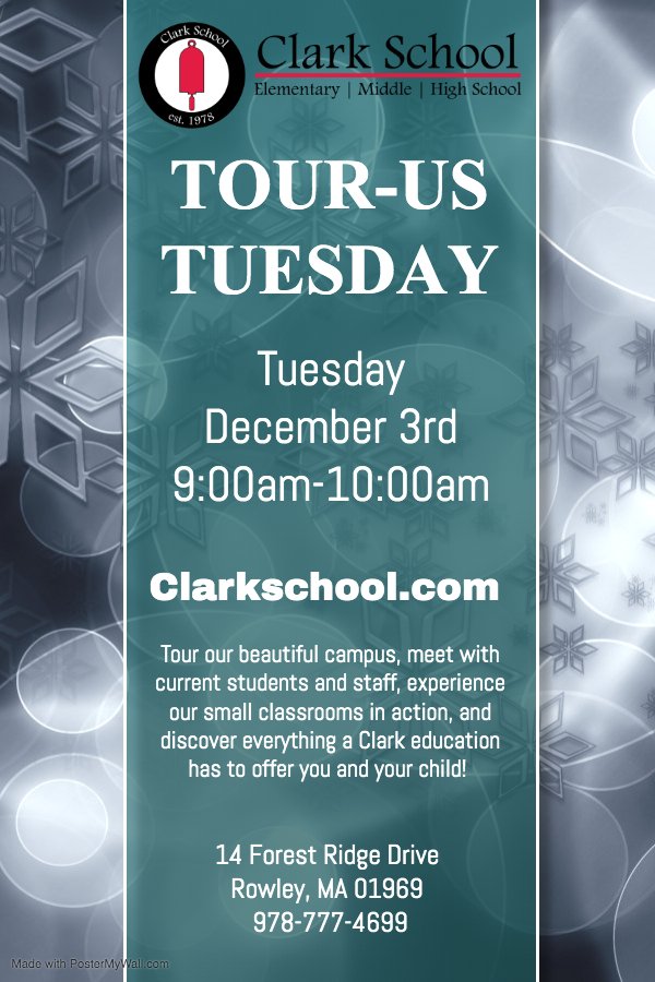 ClarkSchMA's tweet photo. Join us Tuesday, December 3rd at 9am for our Open Classrooms Event and discover everything a Clark School education has to offer you and your child. https://t.co/m5Kxxx2Ekb #openhouse #discoverclarkschool #k12education https://t.co/yvVvU4L7Jc
