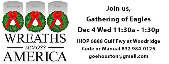 GOEHouston's tweet photo. Gathering of Eagles prepares for Wreaths Across America
we meet
Dec 4 Wednesday 11:30am to 1:30pm
IHOP 6888 Gulf Freeway at Woodridge
Cedelia or Manuel 832 984-0125
goehouston@gmail.com https://t.co/LjQlDDkG1k