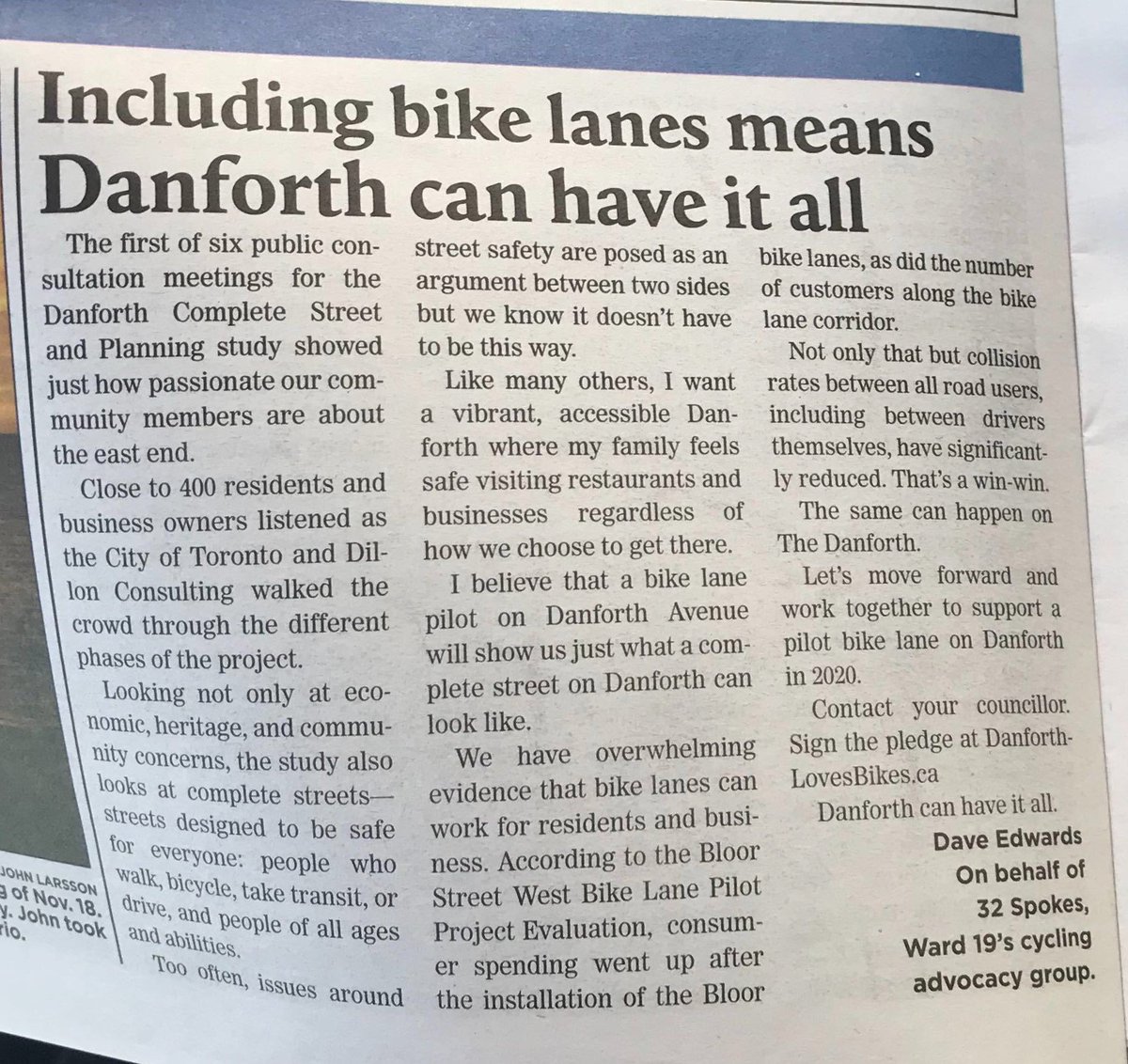 CycleToronto's tweet photo. .@DaveEdwards14 writes "Too often, issues around street safety are posed as an argument between two sides but we know it doesn't have to be this way." Danforth can have it all; safe space for people on foot, on bikes, and in cars. #DanforthLovesBikes #BikeTO https://t.co/R5DtLKlkN4
