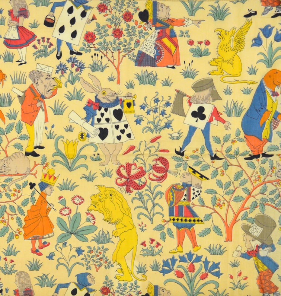young_vam's tweet image. Alice in Wonderland by Lewis Carroll was published #otd in 1865! Which famous characters can you recognise in this 1931 
fabric designed by C. F. A. Voysey?
