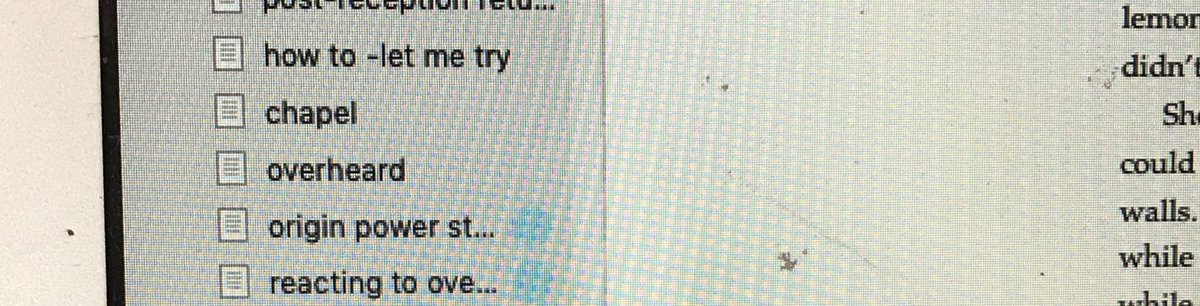 D2: In the remaining copy:-ungroup the chapters into a list of scenes-break each scene into its basic parts-label themNow I can easily move individual conversations or moments around w/o copying and pasting, like so: