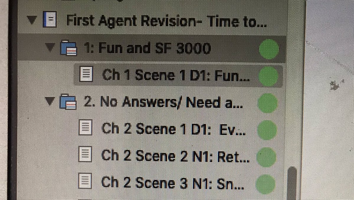 D4: (Today!) -New chs/scenes labeled in order-move scenes that will stay mostly unchanged into their new homes-note what’s left over (a lot)-scenes to re-write: jot down notes-scenes getting trashed: highlight sections to cannibalize -whine and scarf chocolate