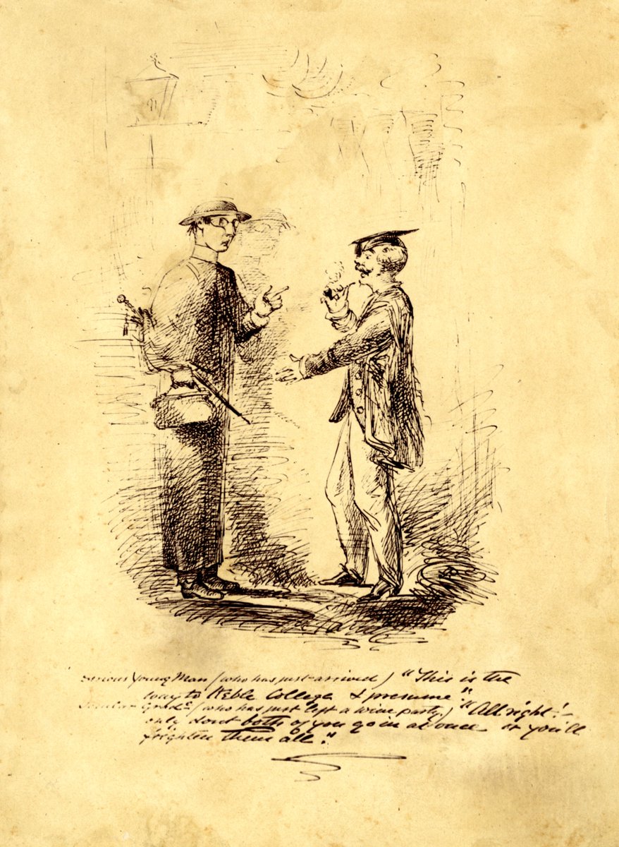 KebleOxford's tweet photo. On this day 150 years ago Keble College announced it was open to taking names for its first applicants, "drawing members from all classes and fitting them for all professions" (image: caricature of a Keble student, at left)  #Keble150 #KebleArchives https://t.co/JprbKfrsdC