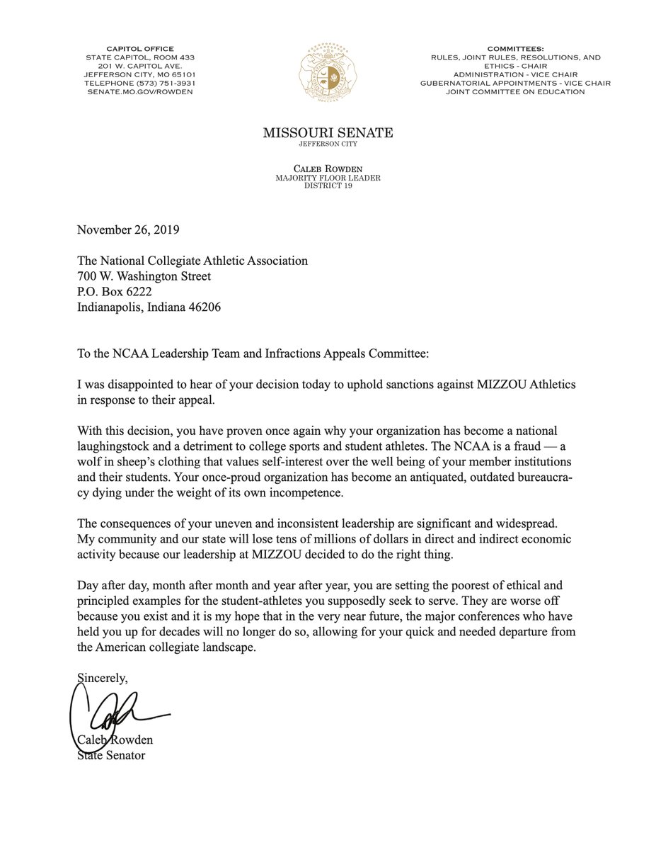 calebrowden's tweet image. The @NCAA is a fraud — a wolf in sheep’s clothing that values self-interest over the well being of their member institutions and  students.

Read my open letter to the NCAA re: today’s #MIZZOU decision. 

@MizzouFootball @MizzouBaseball @MizzouSoftball