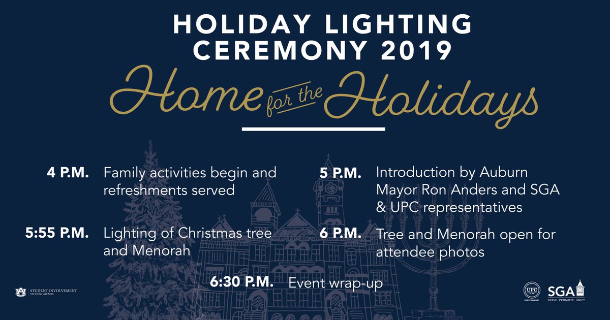 auburnsga's tweet photo. Check out the schedule for the 2019 Holiday Lighting Ceremony! We hope you'll join us on Samford Lawn this Sunday, Dec. 1. https://t.co/ktOi4fWHLV