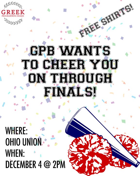 We wanna cheer you on during finals week! Come find us in the union on December 4th starting at 2pm. Free shirts (and free hugs if you’re really stressing)