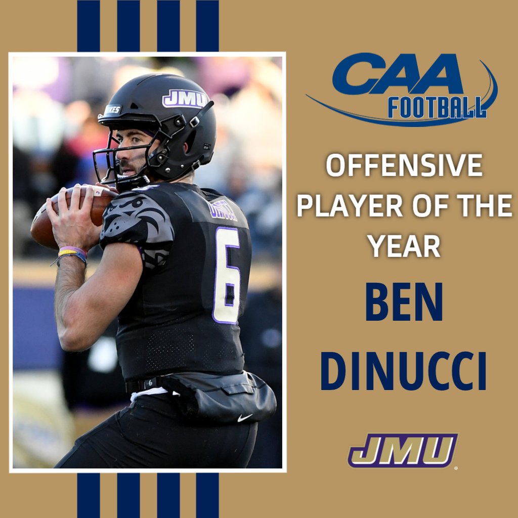 CAA Football (@caafootball) on Twitter photo #CAAFB Offensive Player of the Year goes to <a href="/JMUFootball/">JMU Football</a>'s Ben DiNucci who leads the nation in completion percentage (70.3%), connecting on 187-of-266 passes for 2,552 yards
📰 bit.ly/2DlAC1Y #CAAFB Offensive Player of the Year goes to <a href="/JMUFootball/">JMU Football</a>'s Ben DiNucci who leads the nation in completion percentage (70.3%), connecting on 187-of-266 passes for 2,552 yards
📰 bit.ly/2DlAC1Y