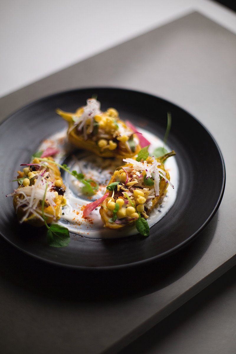 Our Indian Railway Peppers are a crispy delight. {crispy sweet banana peppers, Greek yoghurt, lime and black mustard}⁠
