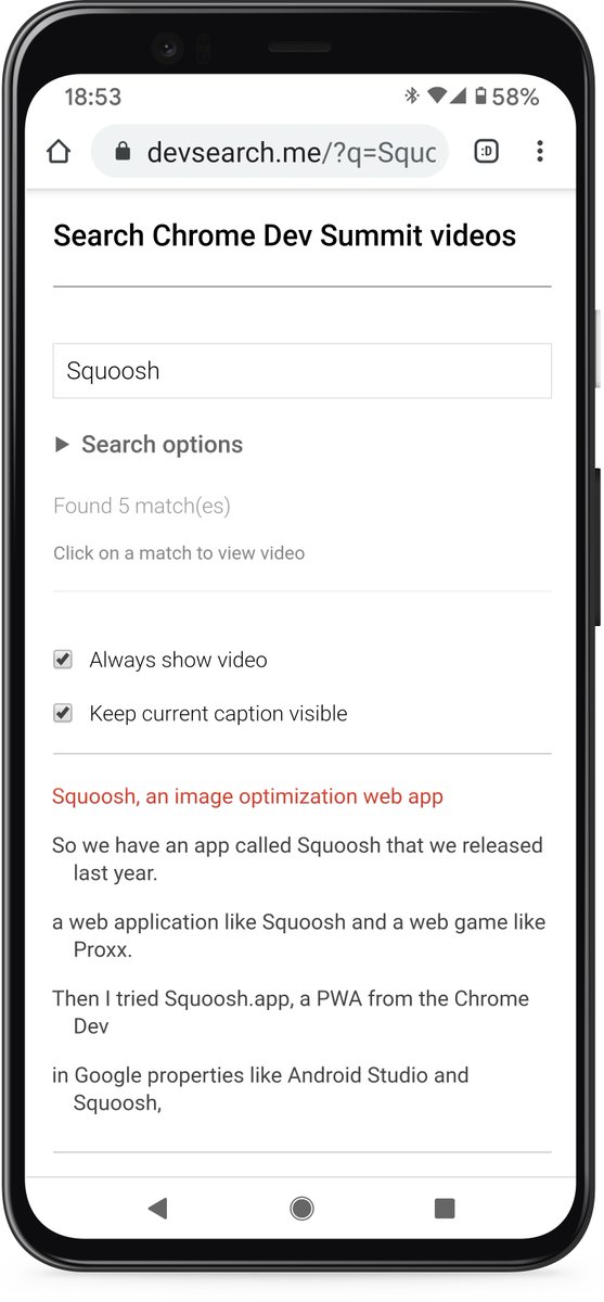 Screenshot of devsearch.me showing search results for 'squoosh'.