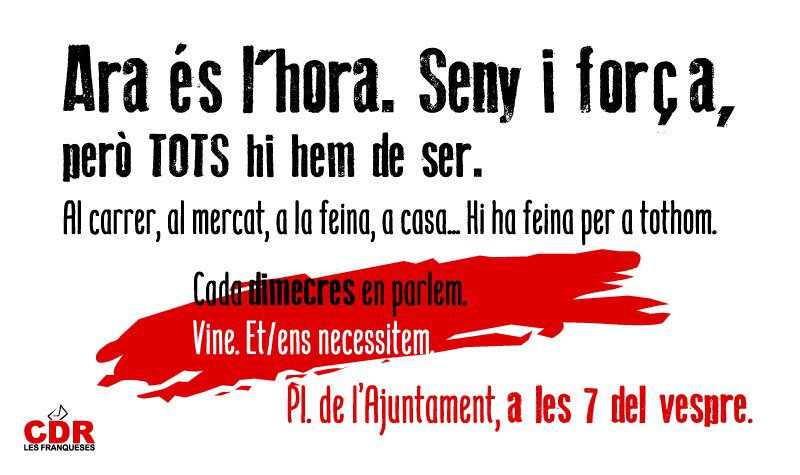 📢CONTINUEM REIVINDICANT! 📢

Com cada dimecres a les 19h a la plaça de l'ajuntament.

NO PODRAN AMB UN POBLE UNIT👫👬👬👭, ALEGRE 😀 I COMBATIU ✊