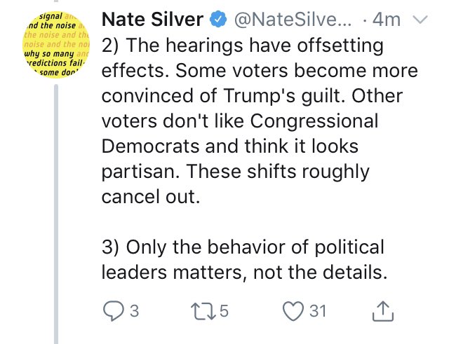 Nate spent ages arguing that Dem leaders supporting impeachment wouldn’t swing the polls, so now he’s stuck making increasingly ridiculous arguments that the totally stable polling represents the public reacting to the facts of the case in some fashion