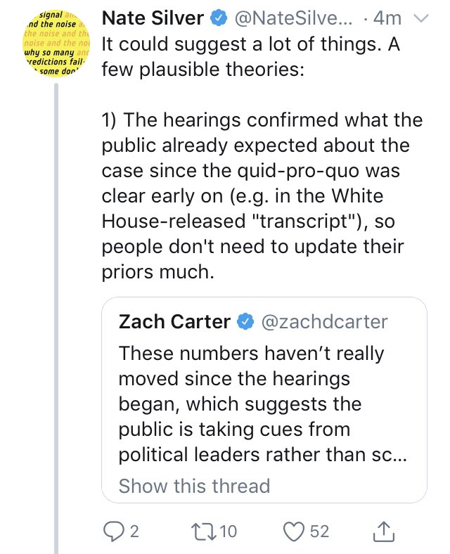 Nate spent ages arguing that Dem leaders supporting impeachment wouldn’t swing the polls, so now he’s stuck making increasingly ridiculous arguments that the totally stable polling represents the public reacting to the facts of the case in some fashion