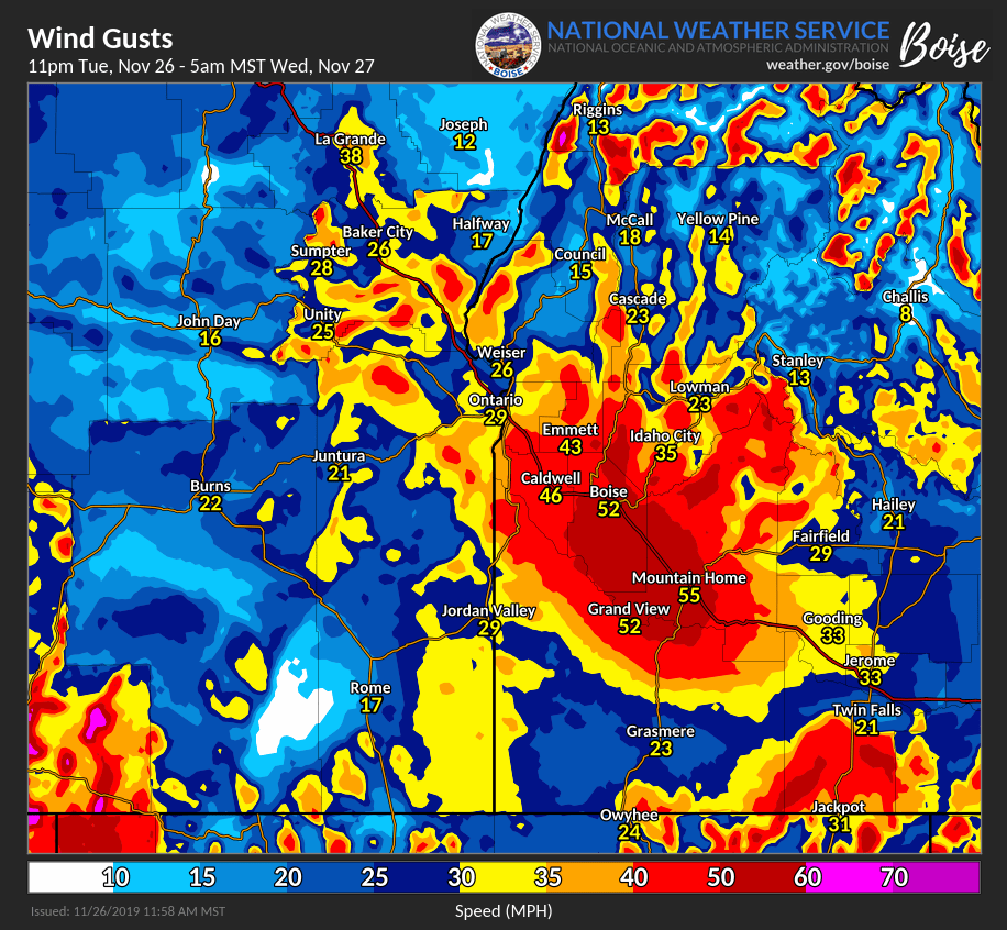 NWSBoise's tweet photo. 🚨❄💨Storm Update:  Travel across eastern OR, the Camas Prairie and Boise Mountains is not advised with snow and blowing snow.

Prepare for strong wind gusts overnight from the southeast.

#orwx #idwx https://t.co/U99839cpms